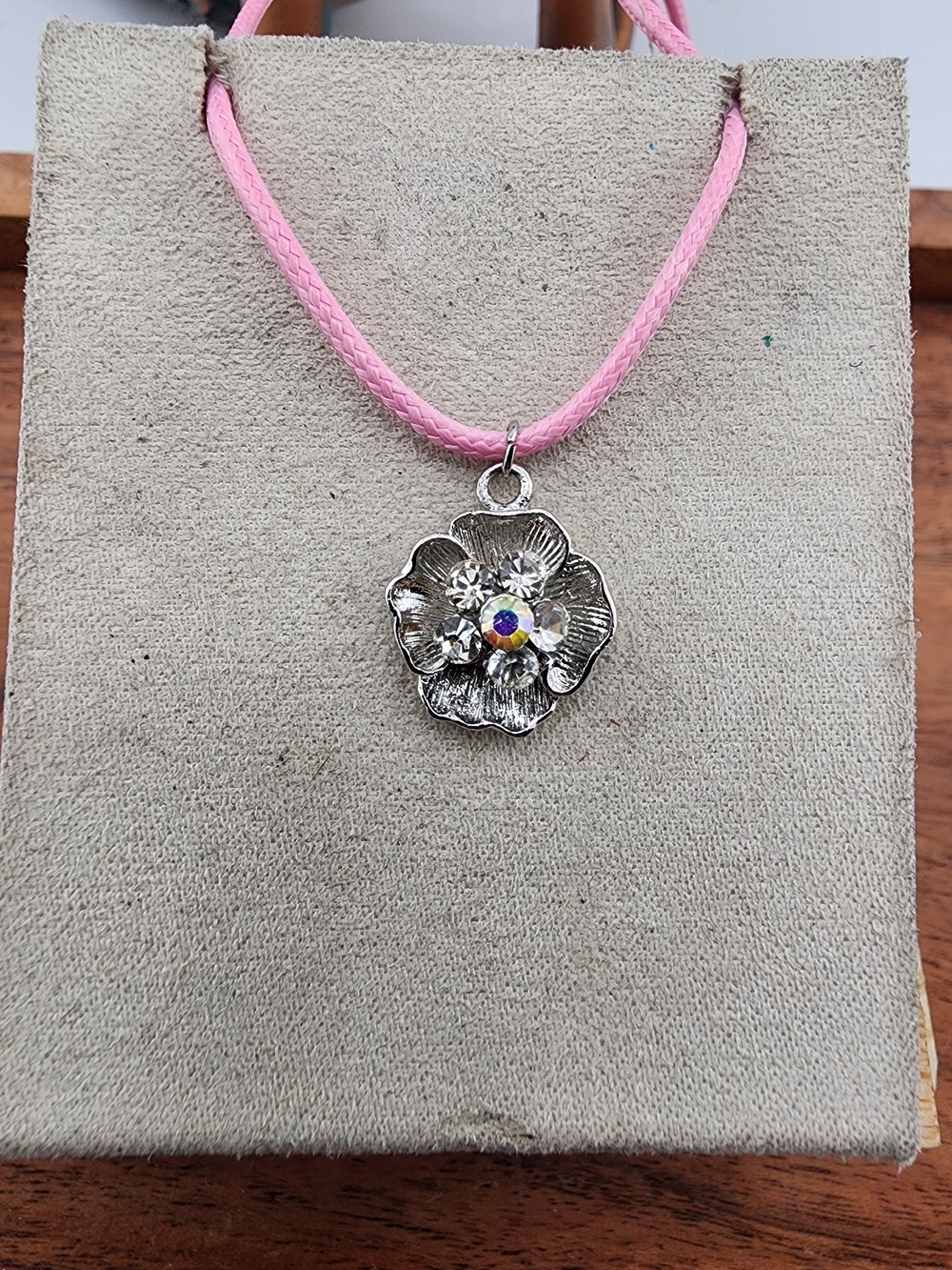 Pink Cord Silver Floral Pendant Necklace with Crystal Accent